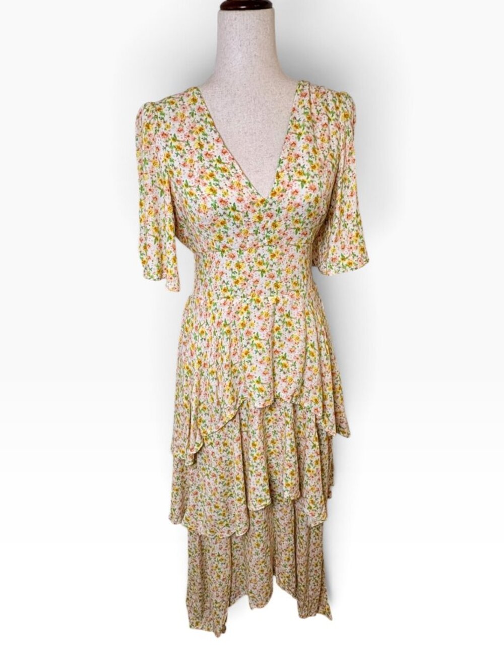 Fourteenth Place White Yellow Pink Floral Tiered Ruffle Midi Dress Size Small